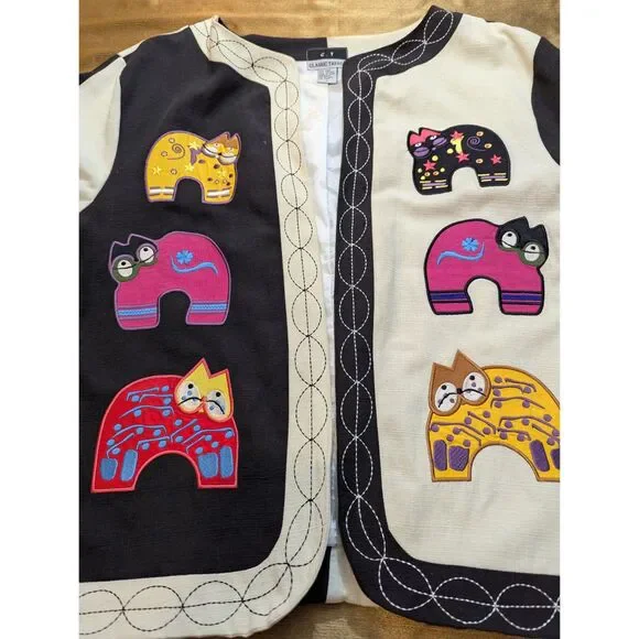 Classic Trend 90s/Y2K Linen Blend Cat Appliqué Jacket Colorblock Black Cream L - Picture 1 of 8